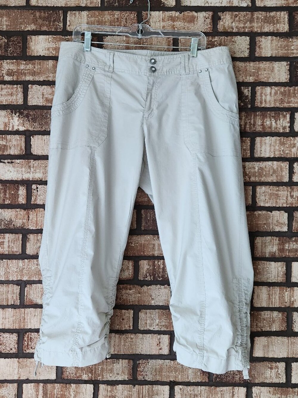 INC Khaki Capri Pants Drawstring Cuff Rhinestone Buttons Size 14